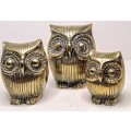 Vintage Solid Brass Owl Family Trio