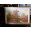 Beautiful Classical Large Landscape Oil Painting Birch Trees And River Scene SIGNED C. Mart