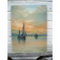 Antique Sailboats Sailing Into Sunset Oil Painting On Hardboard Signed