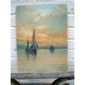 Antique Sailboats Sailing Into Sunset Oil Painting On Hardboard Signed