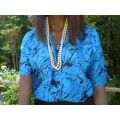 Original Azure Blue Silk Vintage Blouse With Black Abstract Pattern Size 10 to 12