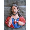 Collectable 1950s Face Of Jesus Bleeding Heart Plaster Of Paris Wall Plaque 25cm height x 20cm width