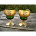 Two Bohemian Green Liquor Glasses One Chipped Inside 24 karat gold