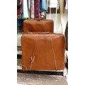Pair Of Two Large Antique Leather Travel Suitcases Circa 1940s