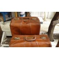 Pair Of Two Large Antique Leather Travel Suitcases Circa 1940s