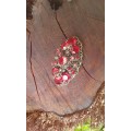 Antique Filigree Metal Brooch With Red Glass Stones 7cm width