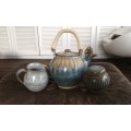 Beautiful Vintage Large Stoneware Tea Kettle Sugar Bowl Milk Jug