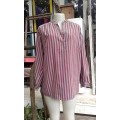 Vintage 1980s Mr.Brian Red Grey Striped Pure Cotton Overlength Ladies Shirt size 10 to 12