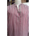 Vintage 1980s Mr.Brian Red Grey Striped Pure Cotton Overlength Ladies Shirt size 10 to 12