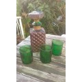 Vintage Green Leather Wrapped Glas Decanter With 3 Glasses 1950s