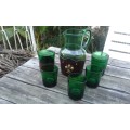 Vintage Green Glass Leather Decanter Jug With 5 Glasses 1950s