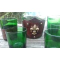 Vintage Green Glass Leather Decanter Jug With 5 Glasses 1950s
