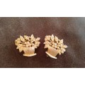 Vintage KIGU Flower Basket Marcasite Clip On Earrings 1950s Gold Tone