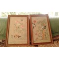 Set Of Two Art Deco Silk Embroidered Bird Pictures Framed Under Glass 1930s