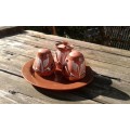 Vintage Glazed Clay Salt And Pepper Shakers With Mustard Pot And Tray Handpainted Bushmen Art