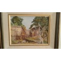 Vintage Framed Village Scene Landscape Oil Painting Signed Stone