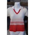 Vintage Original 1950s Red White Striped Knitted Summer Top With V-Neck Size 10