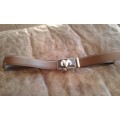 Adjustable Automatic Brown Leather Belt With Black And Silver Buck Head Buckle XL 1.35m