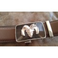 Adjustable Automatic Brown Leather Belt With Black And Silver Buck Head Buckle XL 1.35m