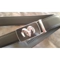 Adjustable Automatic Black Leather Belt With Black And Silver Buck Head Buckle XL 1.30m