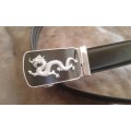 Adjustable Automatic Black Leather Belt With Black And Silver Dragon Buckle XL