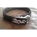 Adjustable Automatic Black Leather Belt With Black And Silver Dragon Buckle XL