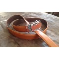 Adjustable Automatic Caramel Brown Leather Belt With Silver Brown Buckle XL