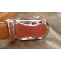 Adjustable Automatic Caramel Brown Leather Belt With Silver Brown Buckle XL