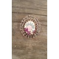 Vintage Gold Toned Metal Ornate Handembroidered Flower Fabric Brooch