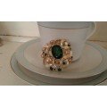 Vintage Glamorous 1940s Costume Jewelry Brooch Green Glass Stones Faux Pearls