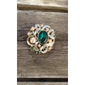 Vintage Glamorous 1940s Costume Jewelry Brooch Green Glass Stones Faux Pearls