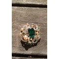 Vintage Glamorous 1940s Costume Jewelry Brooch Green Glass Stones Faux Pearls
