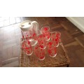 Vintage Mid Century Modern Set Glass Ice Tea Water Jug 6 Glasses Red Retro Pattern