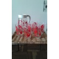 Vintage Mid Century Modern Set Glass Ice Tea Water Jug 6 Glasses Red Retro Pattern