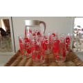 Vintage Mid Century Modern Set Glass Ice Tea Water Jug 6 Glasses Red Retro Pattern