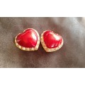 Rare Large Vintage Signed Victorias Secret Red Enamel Gold Plated Crystal Heart Clip On Earrings