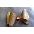 Antique Victorian Bronze Bow Patterned Embossed Brooch Pin With Light Peach Faceted Morganite