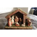 Vintage 7 Pieces Wood Stable Nativity Set Handpainted Porcelain Figurines