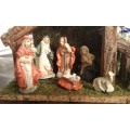 Vintage 7 Pieces Wood Stable Nativity Set Handpainted Porcelain Figurines
