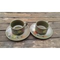 Vintage Moss Green Large Handpainted Stoneware Cups And Saucers Japan