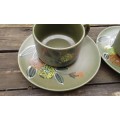 Vintage Moss Green Large Handpainted Stoneware Cups And Saucers Japan