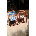 Set Of 2 Vintage Childrens Wooden Foldable Deck Canvas Chairs Mid Century Modern