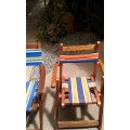 Set Of 2 Vintage Childrens Wooden Foldable Deck Canvas Chairs Mid Century Modern