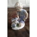 Vintage Porcelain Figurine Little Girl Feeding A Rabbit In Shades Of Blue German Not Marked