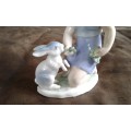 Vintage Porcelain Figurine Little Girl Feeding A Rabbit In Shades Of Blue German Not Marked