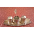 Vintage Mid Century Modern Silverplated  Set Salt And Pepper Shakers Mustard Jar Spoon On Srand