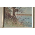 Landscape Lake Oil Painting By Well Known Dutch Painter Peter Cox In Mid Century Frame Marked