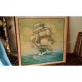 Vintage Very Large Andres Orpinas Caravelle Ship Sailboat Nautical Framed Print Mid Century Modern