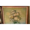 Vintage Very Large Andres Orpinas Caravelle Ship Sailboat Nautical Framed Print Mid Century Modern