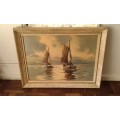 Vintage Large Ship Sailboat Nautical Framed Print Mid Century Modern